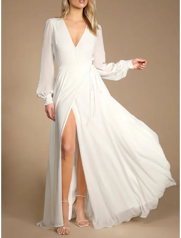 Hot Styles Wedding Dresses A-Line V Neck Long Sleeve Floor Length Chiffon Bridal Gowns With Pleats Split Front