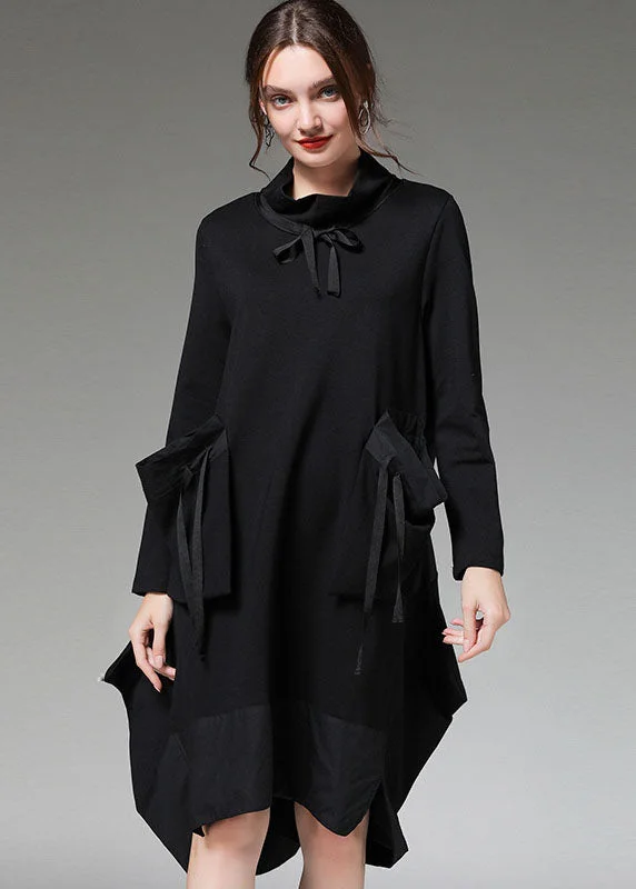 Elegant Simplicity Wardrobe Simple Black Patchwork asymmetrical design Pockets Robe Dresses Fall