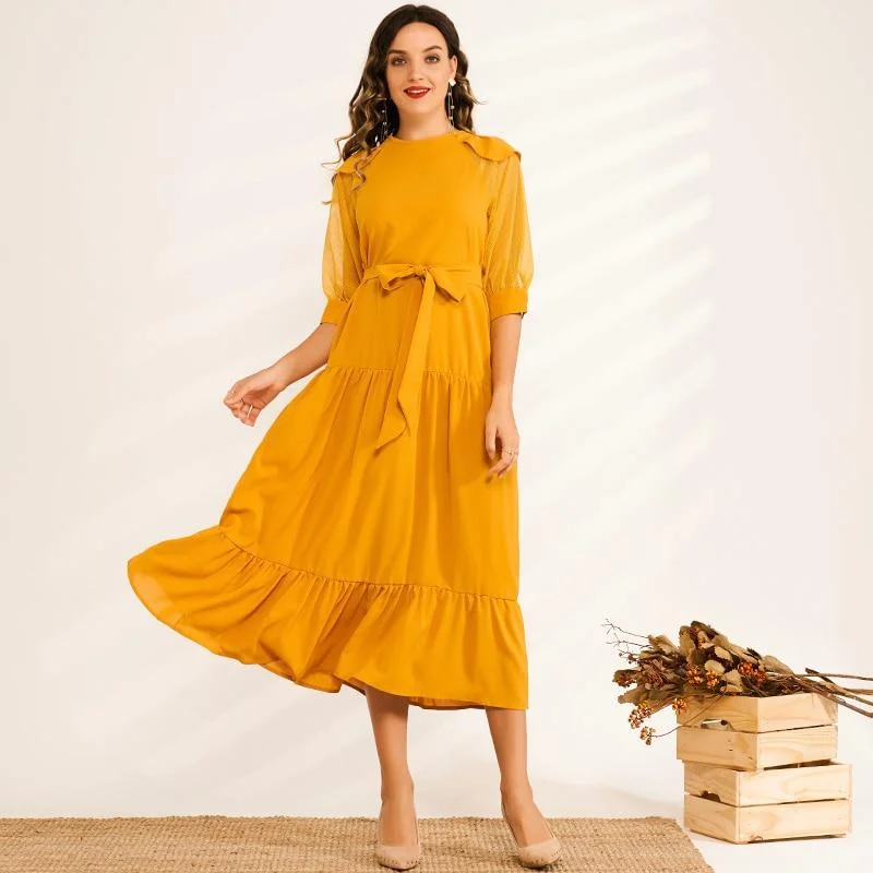 Huge Discounts This Week FashionSierra - Summer Midi Dress Women Yellow Ruffled Hem Draped Back Buckle O-neck Mesh Lantern Half Sleeve Loose Casual Elegant Robe