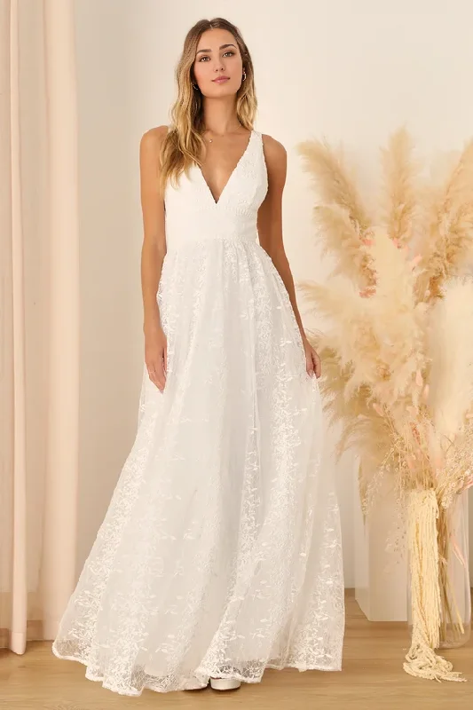 Sale Event, Prices Rock Sweetest White Mesh Embroidered Sleeveless Maxi Dress V-Neck Floor-length Wedding Dresses