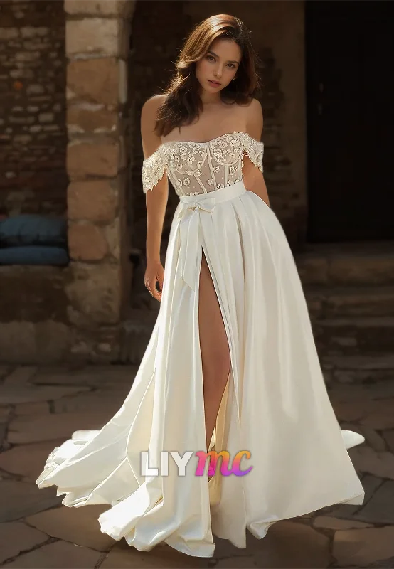 Runway Inspired Wear Off-Shoulder Strapless Appliques Pleated Satin A-Line Wedding Dress