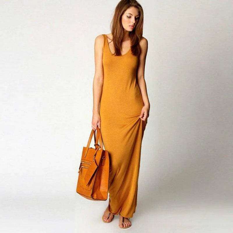 Final Sale FashionSierra - Slim Maxi Dress Stretch Tank Robe Thin Long Dress O-Neck Sleeveless