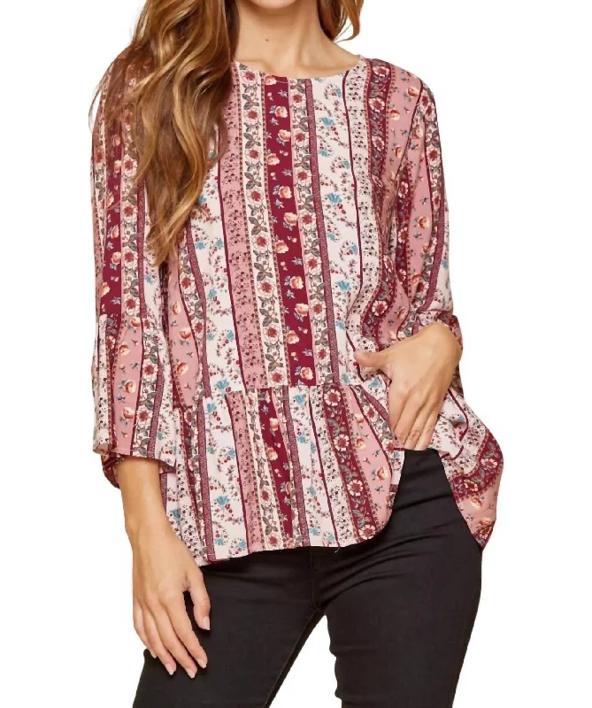 Chic Wardrobe Floral Print Peplum Blouse In Wine/pink/ivory