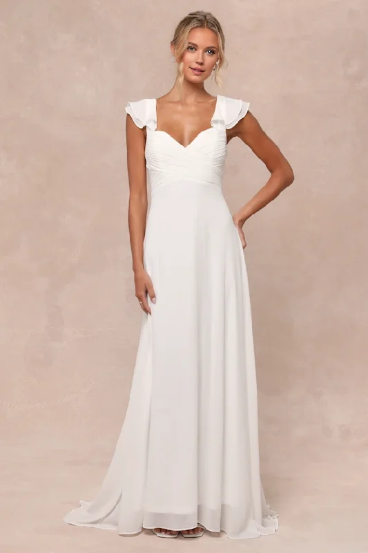 Limited Stock, Big Sale White Pleated Flutter Sleeve Lace-Up Chiffon Maxi Dress Wedding Dresses