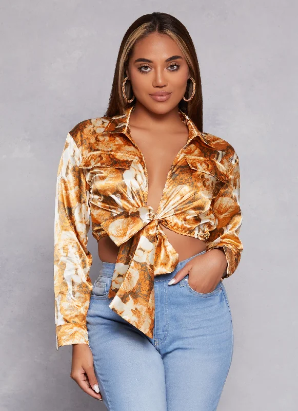 Online Shopping Boutiques Satin Printed Long Sleeve Tie Front Blouse