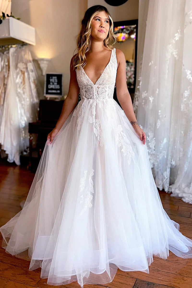 Seasonal Trends Wedding Dress A-Line Deep V-Neck Backless Long with Lace