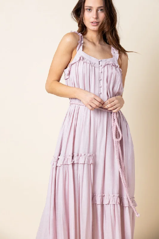 Modern Women's Wardrobe Essentials PINK ASYMMETRIC SELF-TIE ROPE BELT RUFFLED MAXI DRESS MDR8420