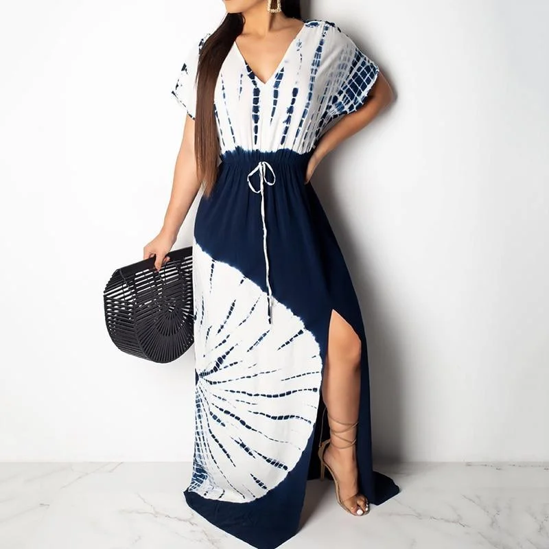 Hot Picks FashionSierra - Side split lace up long dress Women short sleeve v neck summer beach dress Vintage print maxi dresses robe femme vestidos