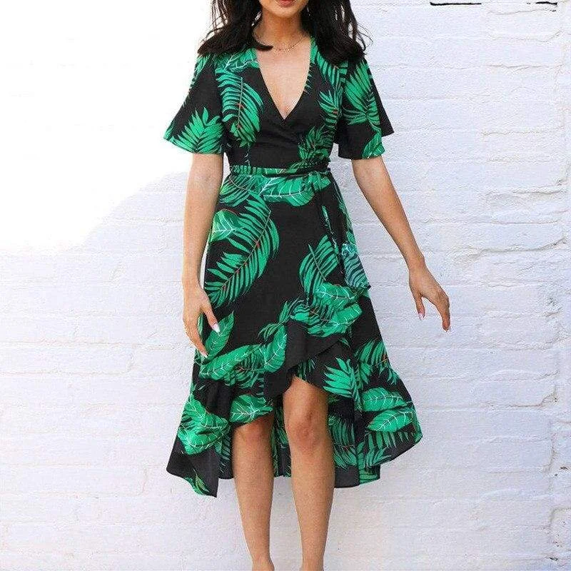 Casual Fashion Trends for Women FashionSierra - Women Boho Floral Ruffled Midi Dress Fashion Ladies Summer Beach Holiday Party Spilt Dress Sundress