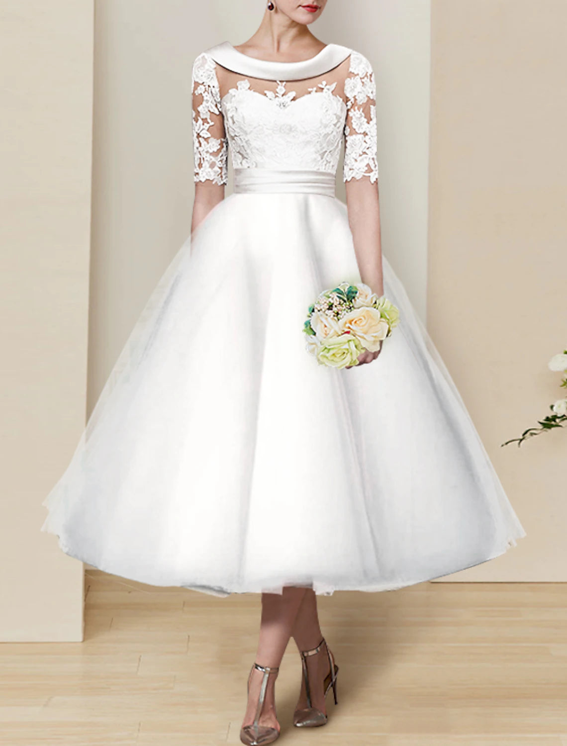 Shop Our Looks Bridal Shower Little White Dresses Mature Fall Wedding Dresses A-Line Illusion Neck Half Sleeve Tea Length Satin Bridal Gowns With Appliques Solid Color