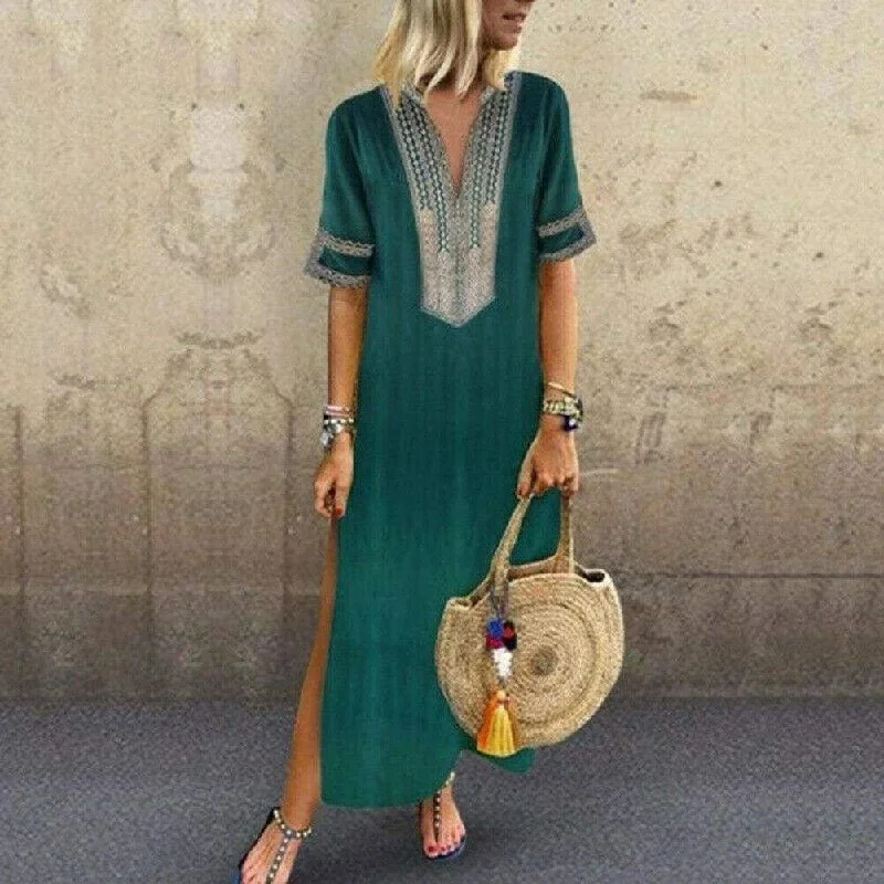 Budget-Friendly Fashion FashionSierra - Women's Bohemian Floral Print Split Cotton Linen Maxi Dress Deep V Neck Long Sleeve Summer Casual Party Dresses Plus Size