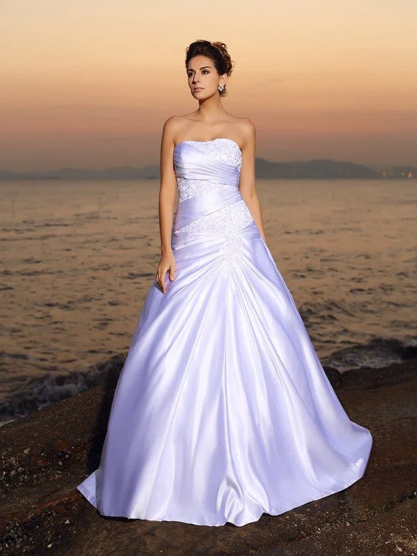 Unleash Your Fashion Ball Gown Strapless Beading Sleeveless Long Satin Beach Wedding Dresses