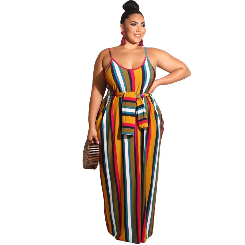 Casual Style for Busy Women casual dress summer plus size women's striped loose belted suspender plus size dress summer maxi dresses women