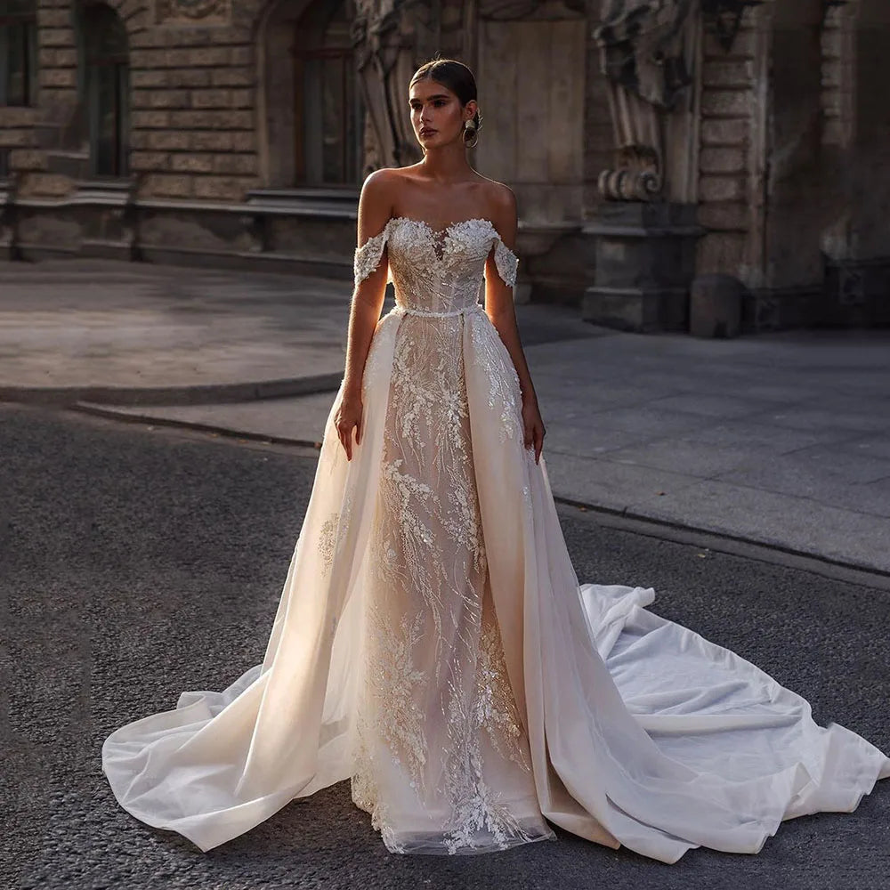 Effortless Chic Apparel Luxury Wedding Gowns Sequin Lace Appliques Ivory Corset Bride Dress With Detachable Train Women Wedding Dresses