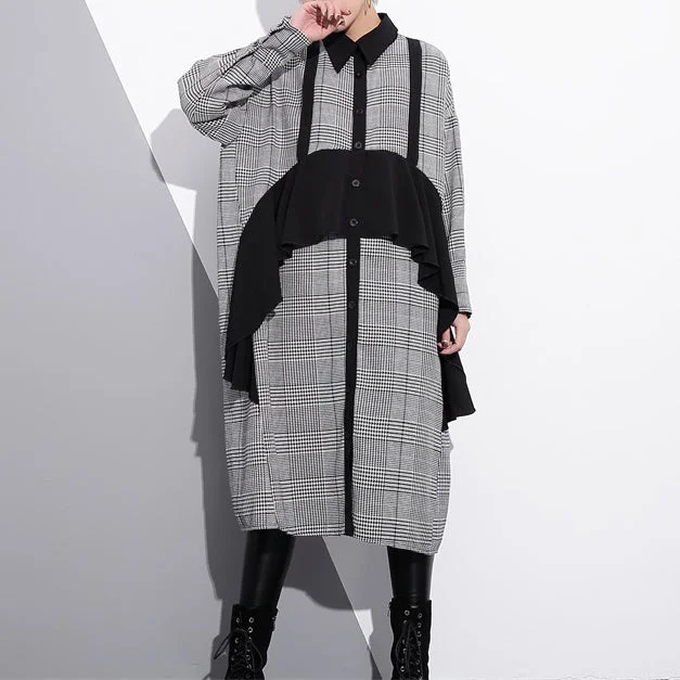 Save Big Elegant black white plaid cotton caftans plus size ruffles cotton clothing dress Fine lapel collar cotton caftans