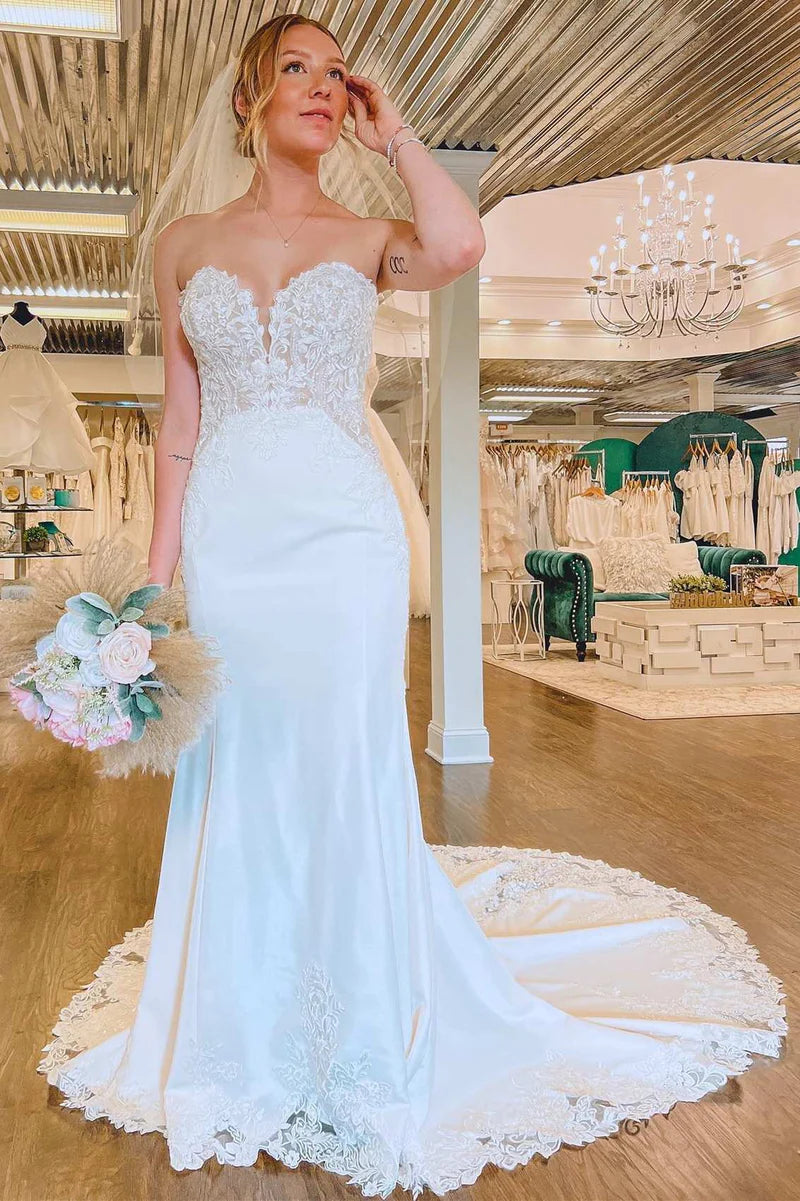 Your Timeless Wardrobe Awaits White Lace Strapless Mermaid Long Chapel Train Wedding Dress