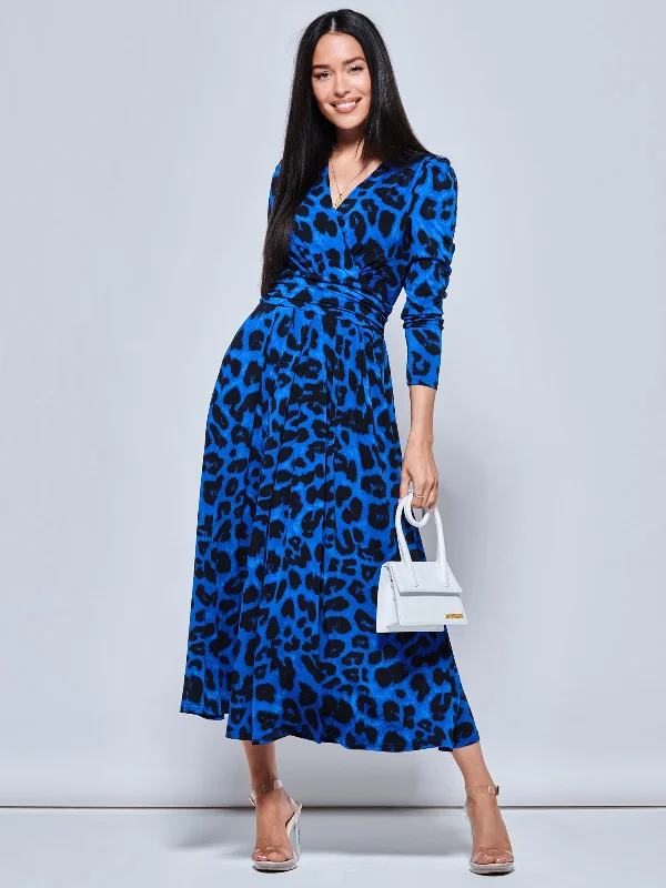 Modern Casual Clothing Animal Print Long Sleeve Maxi Dress, Blue Animal