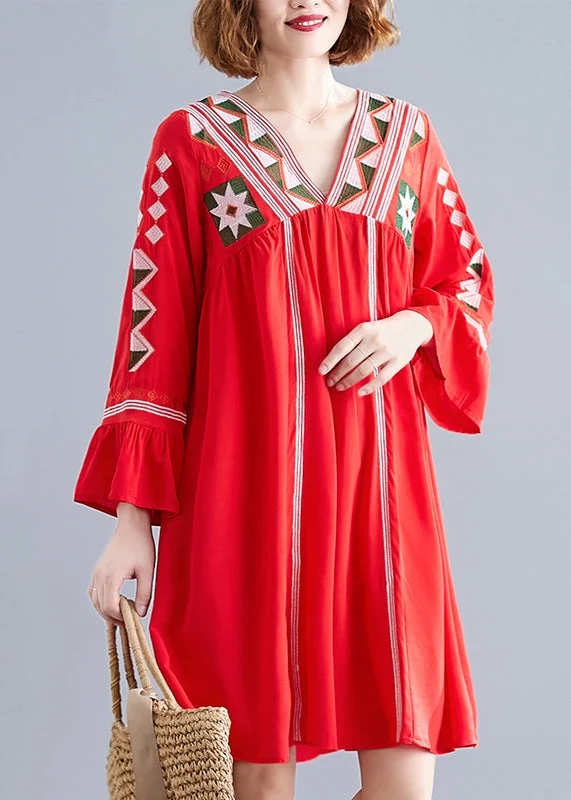 Sales For Clothes Red Loose Beach Dresses wrinkled Flare sleeve