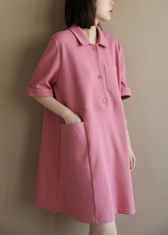 Stylish Everyday Clothing Style Solid Pink Peter Pan Collar Big Pockets Cotton Loose Dress Short Sleeve