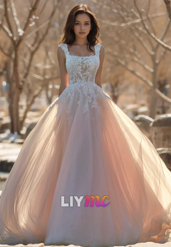 Women's High Street Fashion Square Sleeveless Lace Appliques Tulle A-Line Wedding Dress