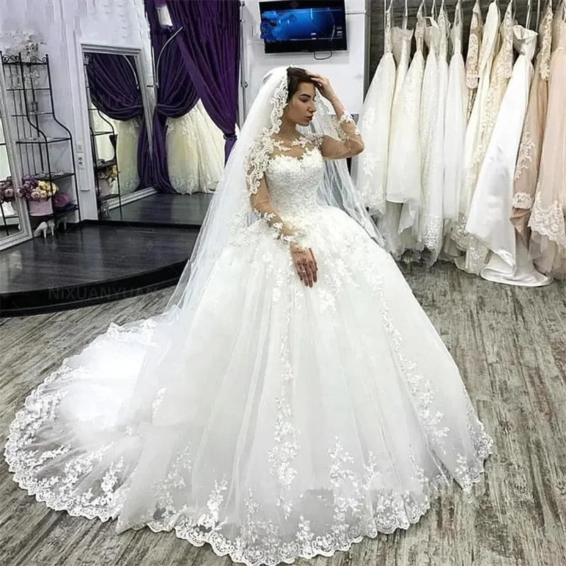 Stylish Dresses for Women NUOXIFANG Elegant Long Sleeves Plus Size Wedding Dress White Robe De Mariee  Appliques Lace Bridal Gowns Vestido De Novias