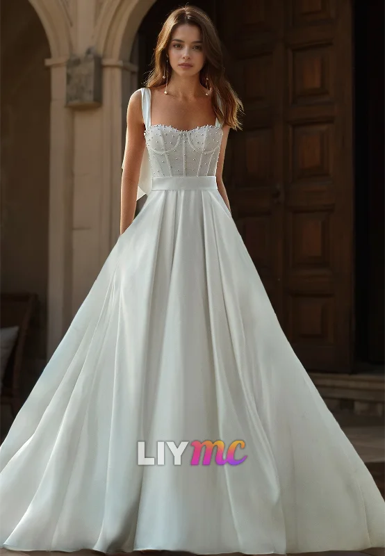 Casual Women's Clothing Semi-Sweetheart Straps Pearl Beaded Pleated Satin A-Line Wedding Dress