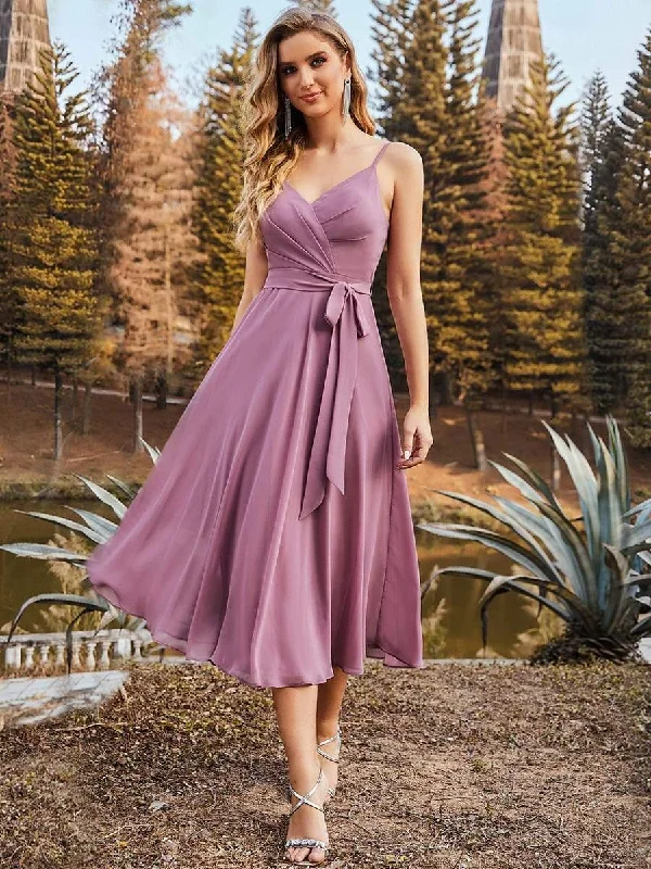 Dive Into Trendy Styles Spaghetti Strap V Neck Belted Chiffon Bridesmaid Dress