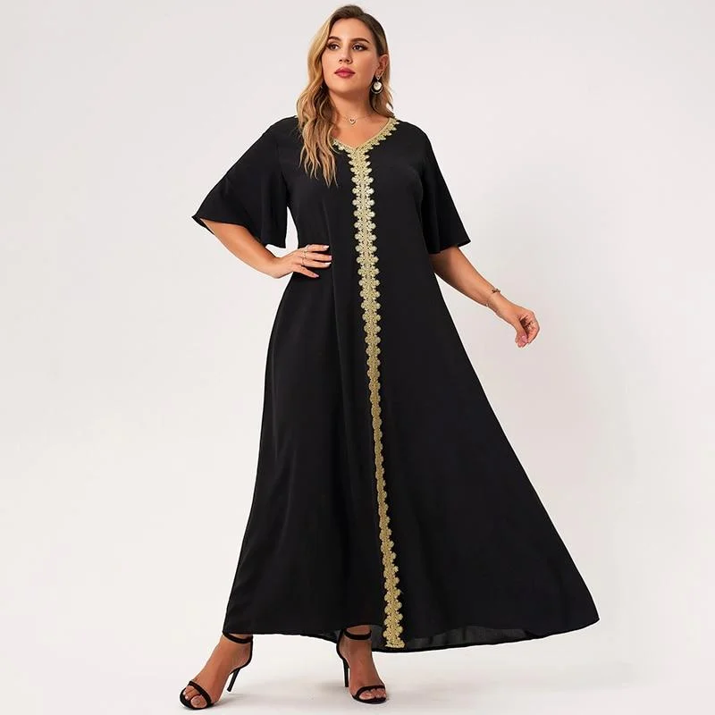 Winter Wardrobe Clearance FashionSierra - Maxi Dress Women Plus Size Black Loose Embroidery Selvedge Hemmed V-neck Ruffle Half Sleeve Elegant Vintage Robe