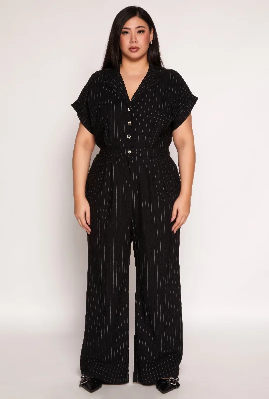 Athleisure Wear Special Offer Plus Size Pinstripe Wide Leg Jumpsuit