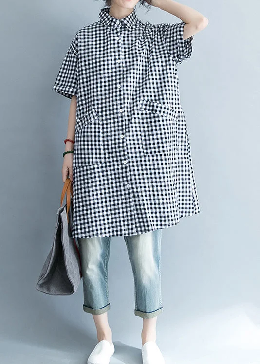 Eclectic Style Wardrobe Unique black white plaid cotton linen shirts women stylish lapel pockets oversized Summer shirts