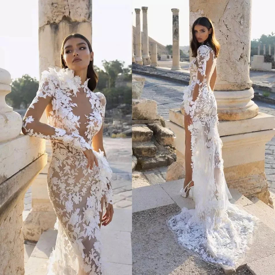 Elegant Styles Robe De Mariee Sexy Mermaid Wedding Dress High Collar Side Slit Lace Appliques Long Sleeve Sweep Train Boho Bridal Gown