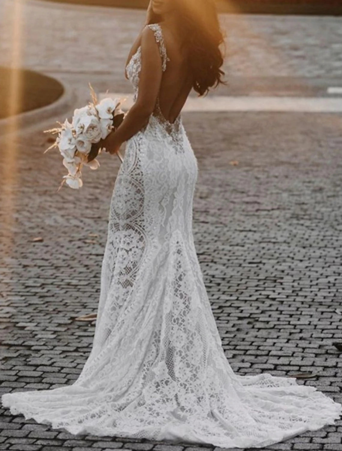 Vintage Women's Fashion Beach Open Back Sexy Boho Wedding Dresses Mermaid / Trumpet V Neck Sleeveless Court Train Lace Bridal Gowns With Appliques