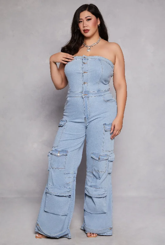 Elegant Simplicity Wardrobe Plus Size Daisy Denim Strapless Cargo Jumpsuit