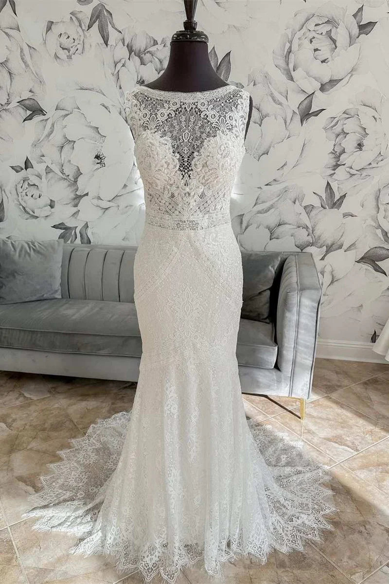 Stylish Statements Lace Open Back Mermaid Long Wedding Dress