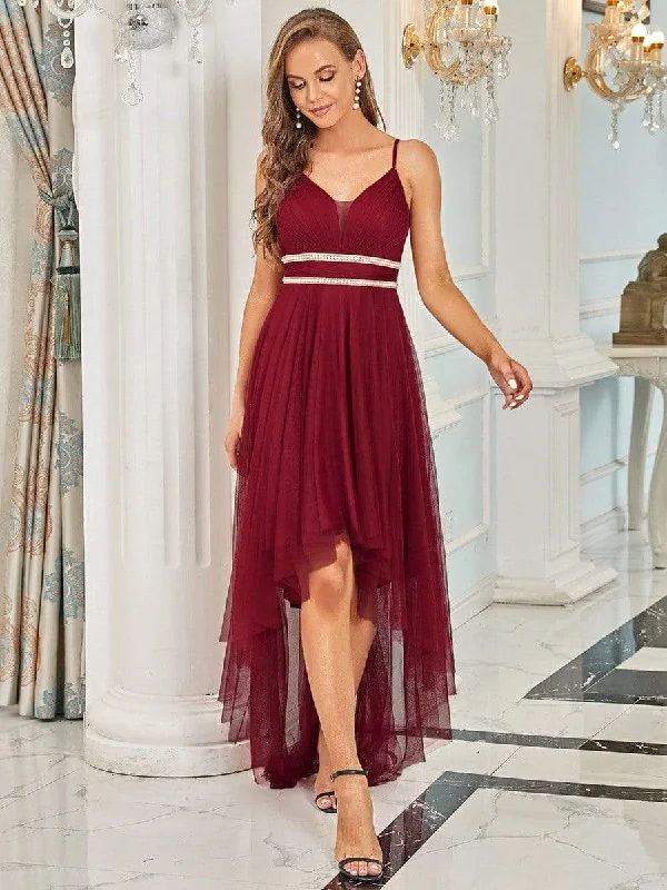 Signature Style Essentials V Neck High-low Hem Pleated Tulle Prom Dress