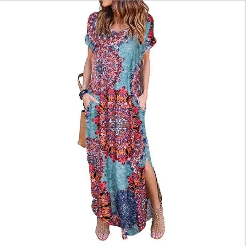 Seasonal Trends FashionSierra - Women's Boho Pocket Long Maxi Dress Floral Cocktail Party Summer Beach Casual V Neck Split Loose Dress Sundress