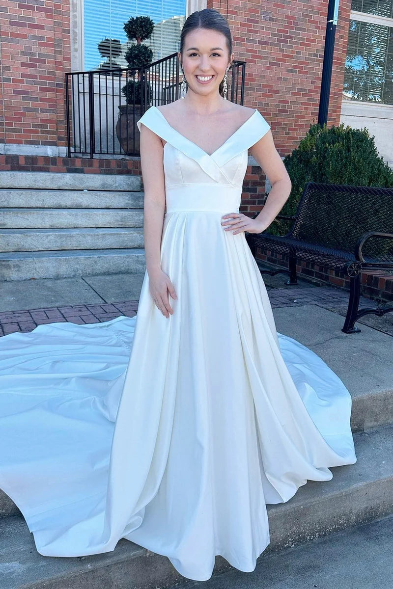 Break Fashion Norms White V-Neck High-Waist A-Line Long Chapel Train Wedding Dress