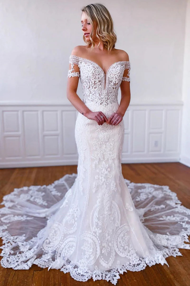 Style Upgrade Mermaid Off-the-Shoulder Short Sleeves Long White Lace Bridal Dress