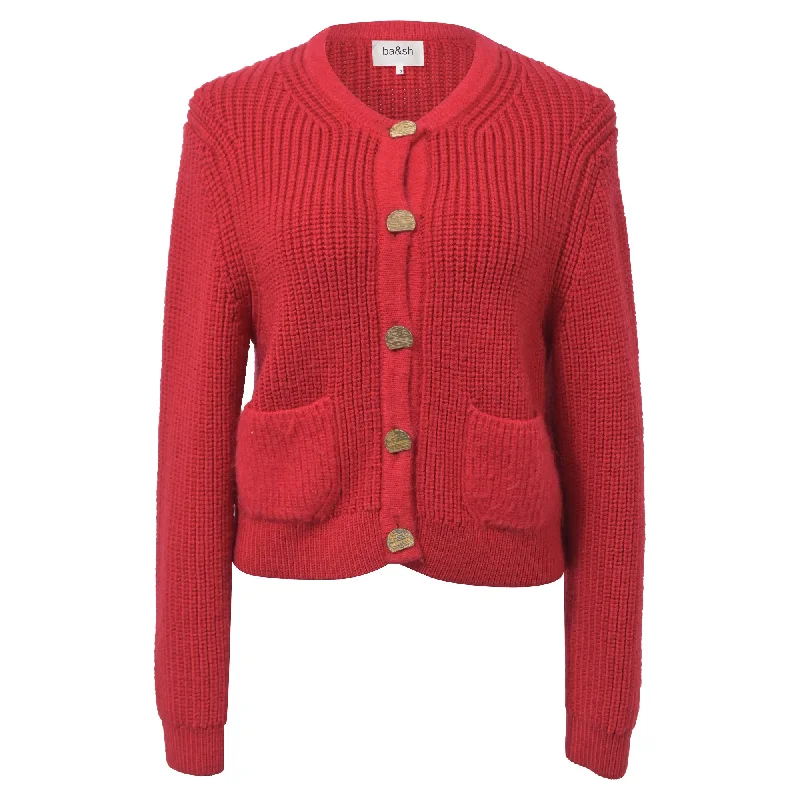 Casual Chic Clothing Ba&Sh Knitted Purrl Button-Front Cardigan in Red Wool