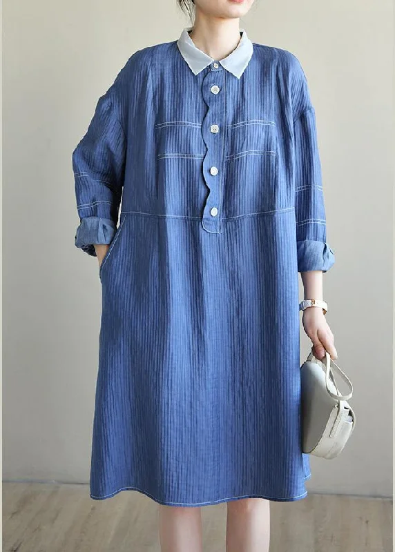 Sophisticated Style French Blue Long sleeve Patchwork Button Dress Spring