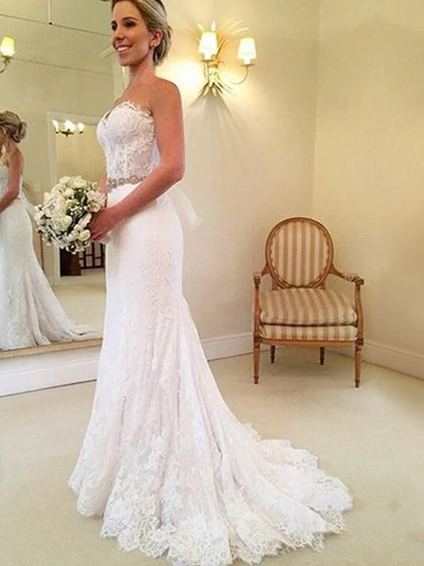 Seasonal Fashion Sheath/Column Sweetheart Sleeveless Sweep/Brush Train Beading Lace Wedding Dresses