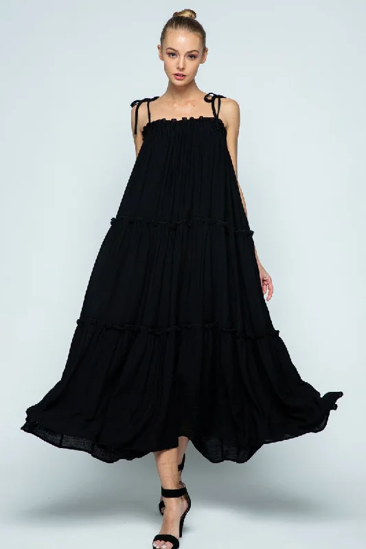 Fashionable Dresses for Women BLACK SELF-TIE SPAGHETTI STRAP RUFFLED SWING MAXI DRESS MDR8421