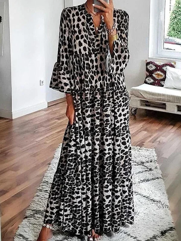 Flash Discount Leopard Printed V-Neck 3/4 Sleeve Loose Maxi Dress