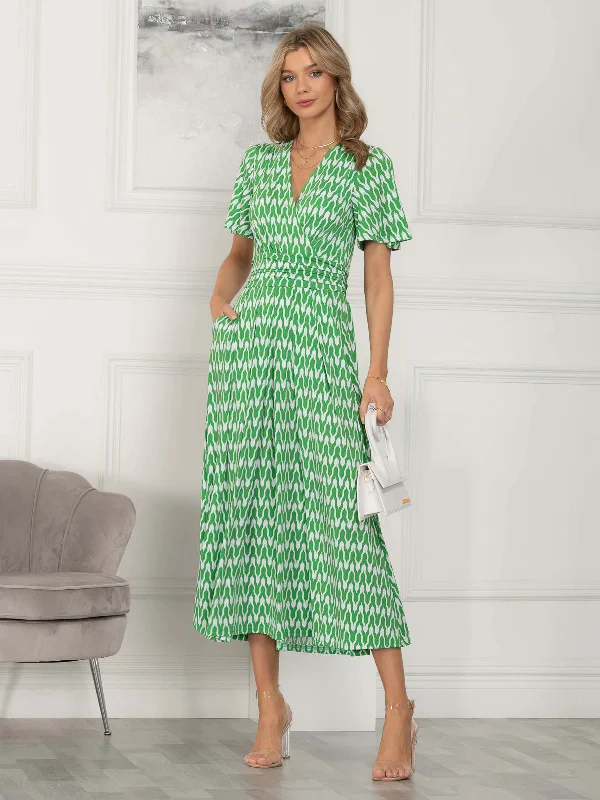 Relaxed Fit Women's Fashion Jaylynn Flare Sleeve Jersey Maxi Dress, Green Geometric