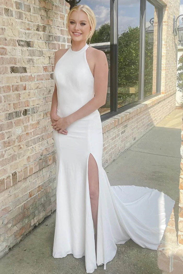 Chic Trends For The Fashion Savvy White Halter Mermaid Long Backless Wedding Dress with Slit