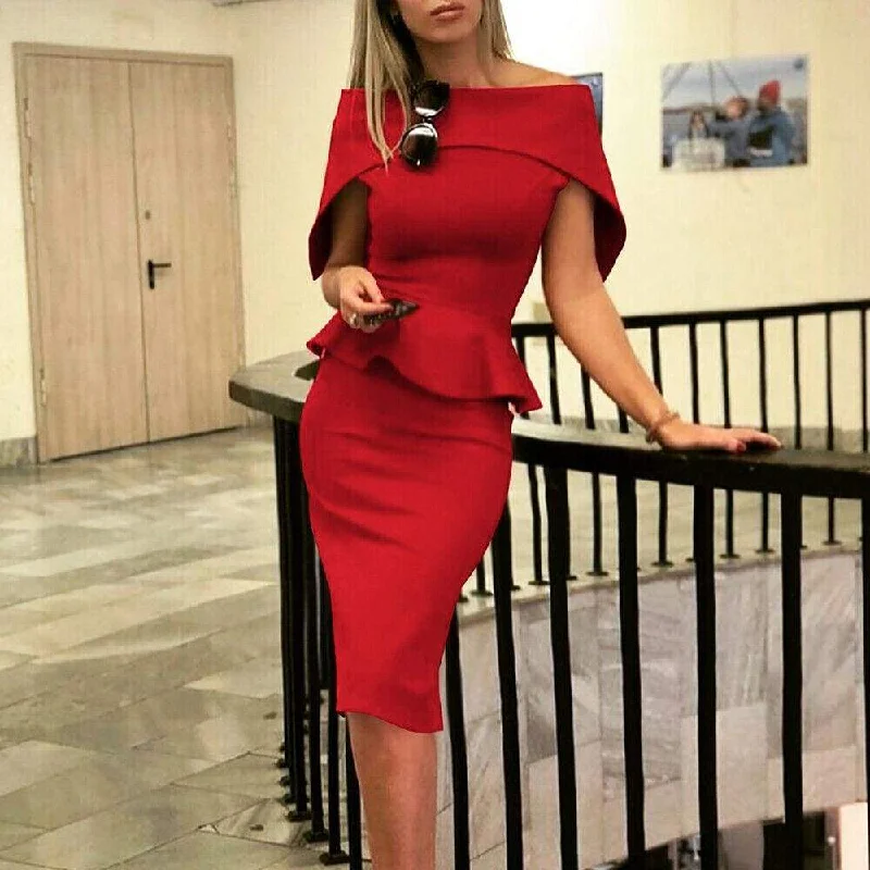 Classic Women's Clothing Styles FashionSierra - Women Elegant Summer Off Shoulder Ruffle Midi Dress Formal Work Office OL Ladies Bodycon Slim Pencil Dress