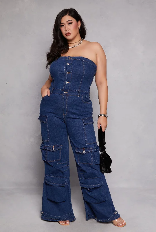 Trendy Street Style Attire Plus Size Daisy Denim Strapless Cargo Jumpsuit