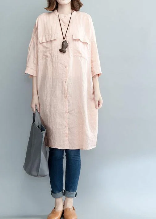 Free Spirited Fashion Art pink linen dresses stand collar baggy summer shirt Dress