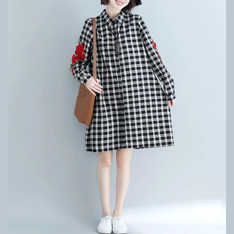 Trendy Threads Simple Plaid Cotton quilting dresses Plus Size Tunic Tops lapel embroidery Art shirt Dress