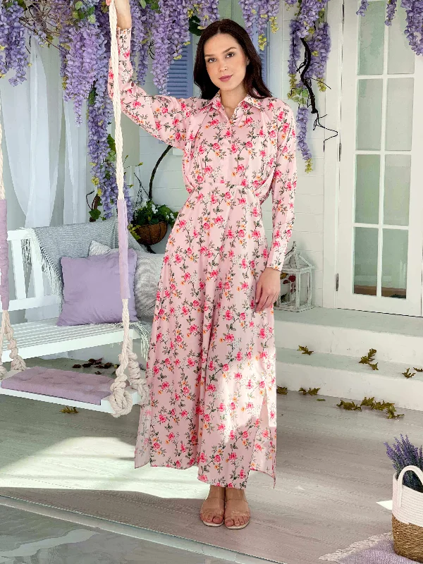 Elegant Women's Clothing Lotus Shirt Dress In Pink Floral